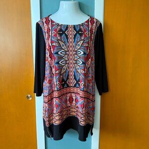 Rafaella Womens Top SIze 1X Tunic Multi Color Zip Side Slits Ikat Stretch BOHO